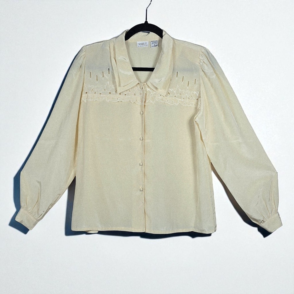 VTG Marlis by Elle Designs Blouse Woman Small Ivory Floral Cutout‎ Long Sleeve